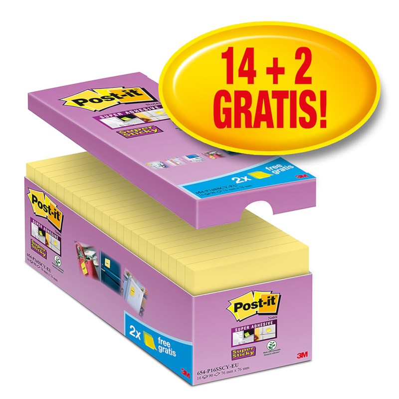 Notitieblaadjes | Post-it | Geel | Zelfklevend | 76 x 76 mm | Set à 14 + 2 gratis