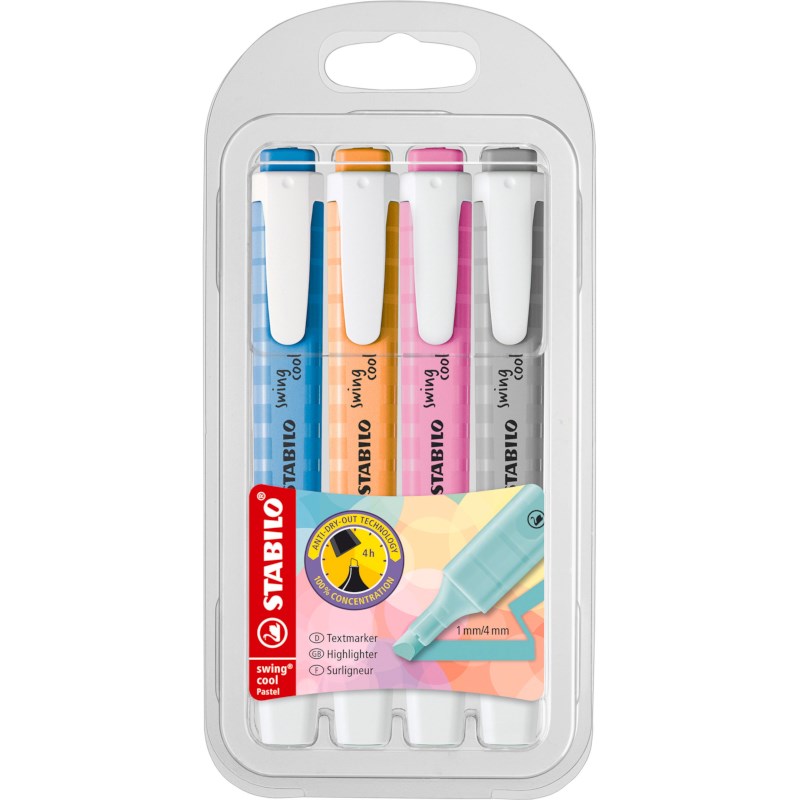 Markeerstift | STABILO | swing cool Pastel | Etui 4 kleuren - set 3