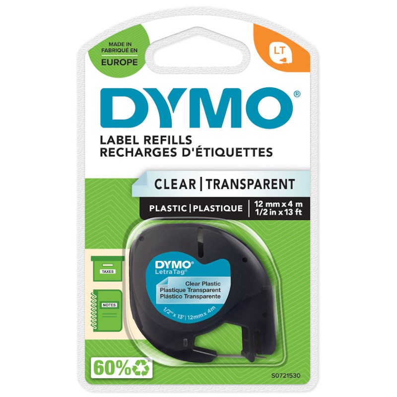 Lettertape | Dymo | Transparant met zwarte opdruk | Letratag | Plastic | 12 mm x 4 m 